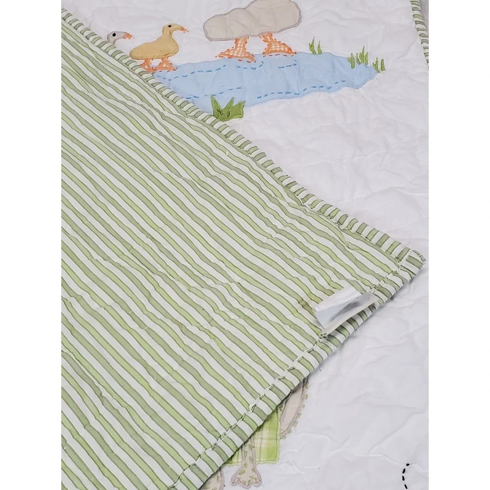 Pottery Barn Kids White Green Striped Cottontail Farmyard Friend Baby Crib Quilt